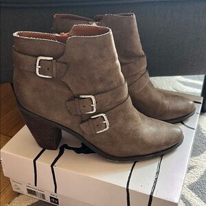 Dolce Vita Taupe Ankle Boots with Triple Buckle